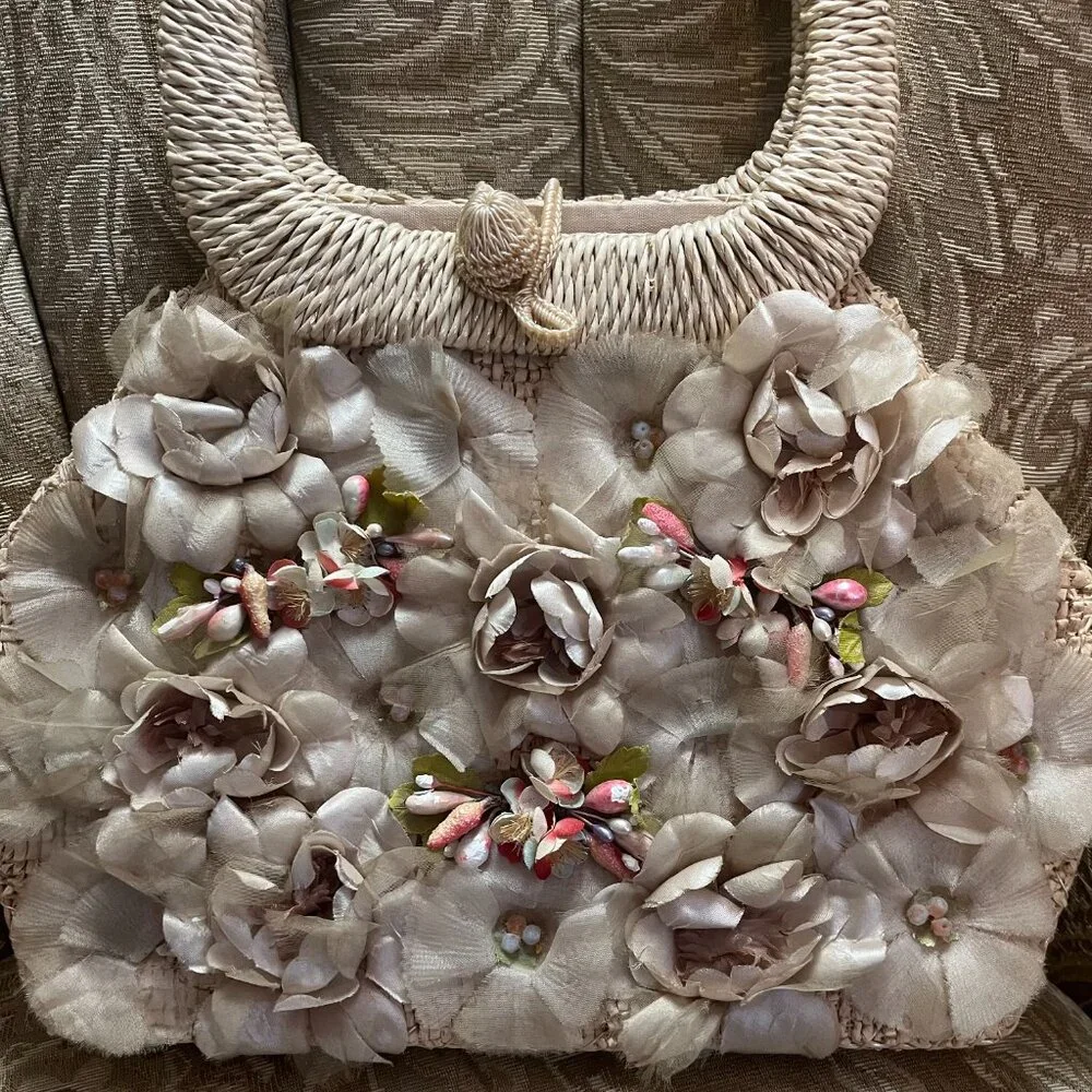 Vintage Flower Embellished Lined Straw Handbag Purse - Picture 2 of 11